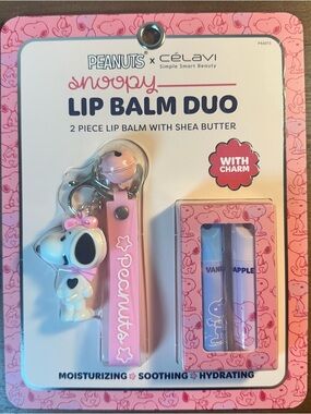 Celavi x PEANUTS Snoopy Shea Butter Lip Balm Duo with Bag Charm Keychain 3Pc Set
